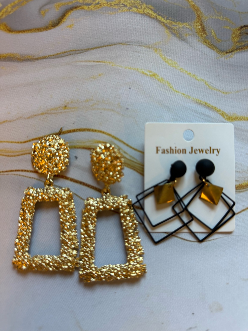 Bundle of two earrings Fashion Jewelry Gold Sparkle Rectangle Drop Earrings
